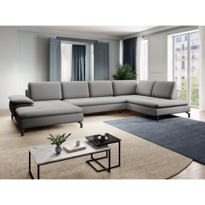 Grand canapé d'angle droit panoramique convertible en tissu texturé gris ARCHIBALD