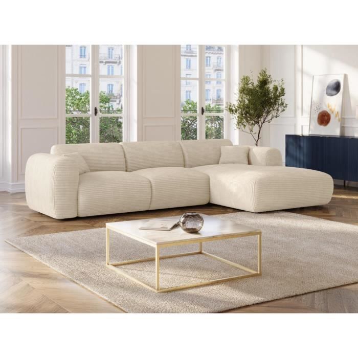 Grand canapé d'angle droit en velours côtelé beige POGNI de Maison Céphy