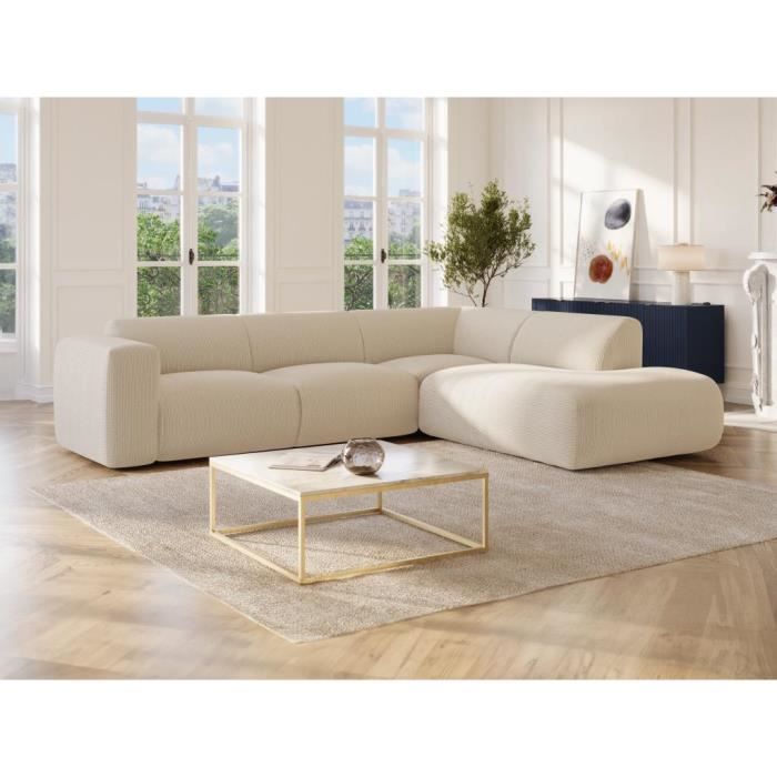 Grand canapé d'angle droit avec dossier méridienne en tissu texturé beige POGNI de Maison Céphy