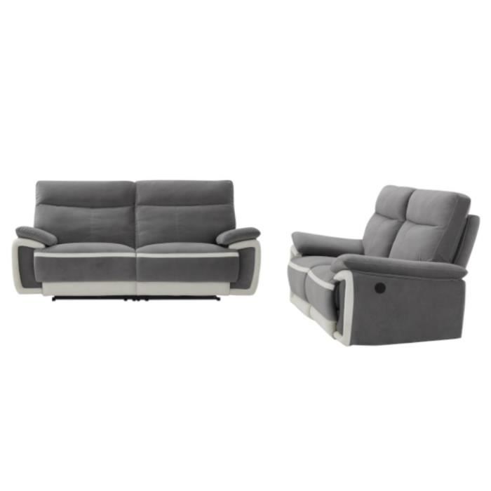 Canapés 3+2 places relax électrique en velours METTI - Gris et bandes écru
