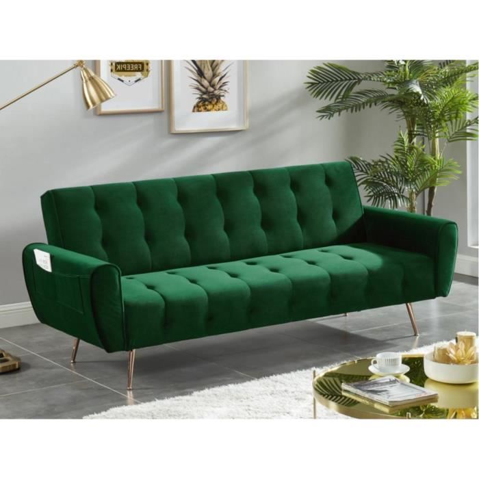 Canapé convertible 3 places en velours POLANI - VENTE-UNIQUE - Vert sapin - Couchage 140x200cm