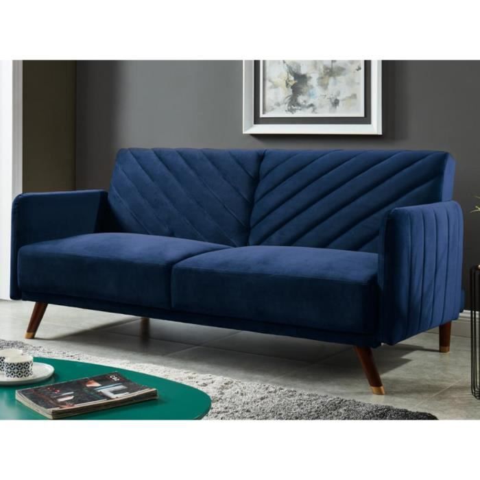 Canapé convertible en velours JORIS - Bleu nuit - 3 places - Couchage occasionnel
