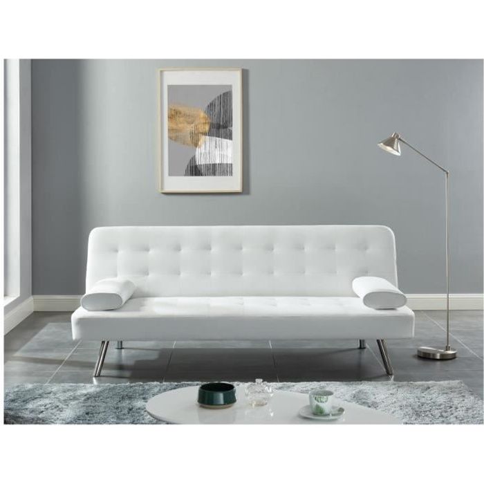 Canapé convertible en simili blanc - VENTE-UNIQUE - MICHELLE II - Design contemporain - Couchage 2 personnes
