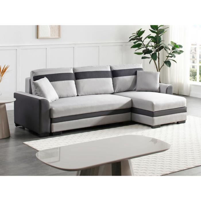 Canapé d'angle réversible et convertible en tissu et simili gris clair GIANY II