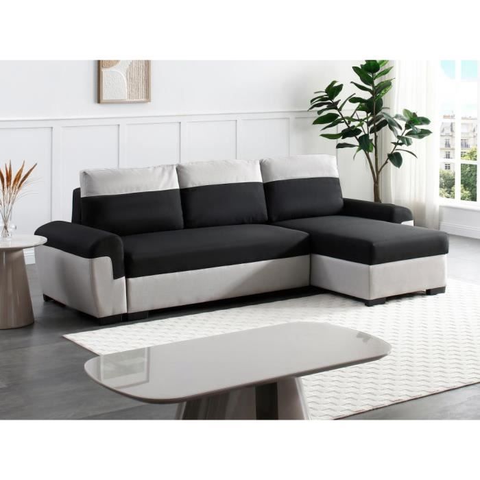 Canapé d'angle réversible et convertible en tissu noir et gris clair GABY II