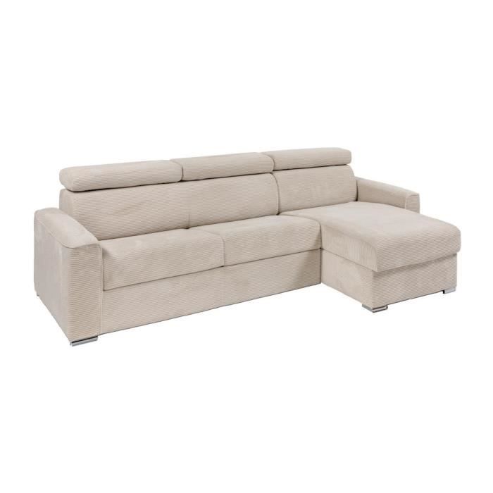 Canapé d'angle réversible convertible express en velours côtelé beige - Couchage 160 cm - Matelas 22 cm - VIZIR