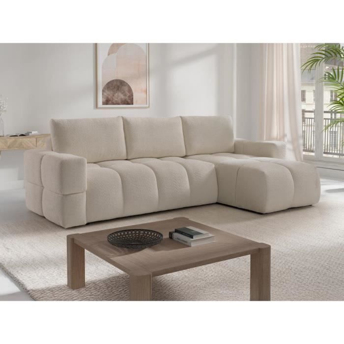 Canapé d'angle réversible convertible en tissu bouclette beige ISSORO II