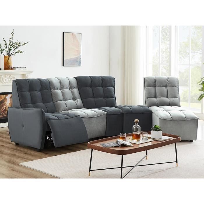 Canapé d'angle relax électrique modulable en velours gris clair et anthracite ALFORD
