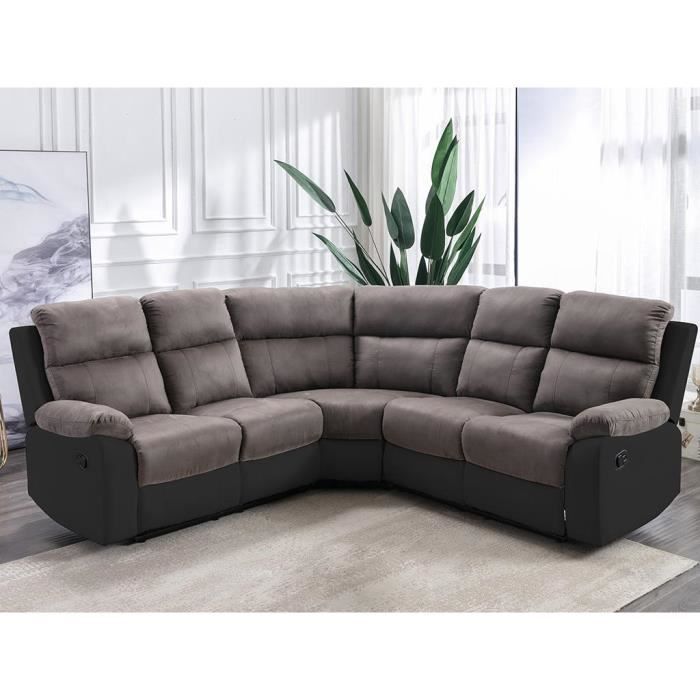 Canapé d'angle relax gris et noir en microfibre et simili TOLZANO
