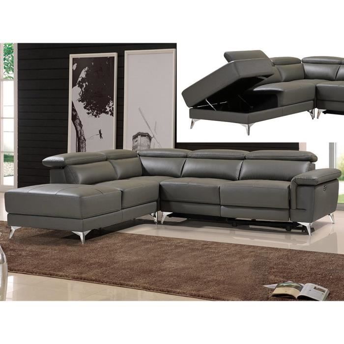 Canapé d'angle relax électrique en cuir PASCALINE - Anthracite - Angle gauche