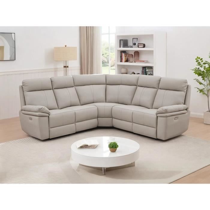 Canapé d'angle relax électrique en cuir gris clair - VENTE-UNIQUE - MESOLA - 6 places - Occasionnel - Ferme