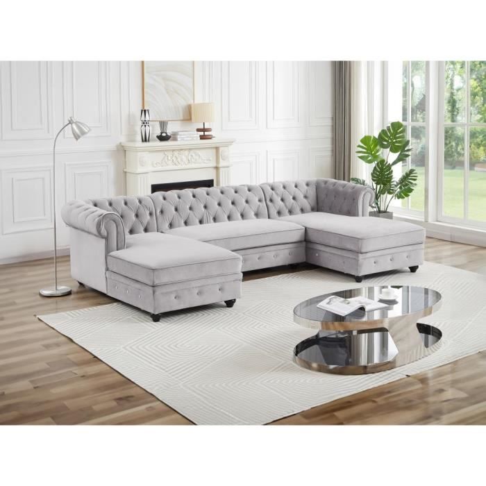 Canapé d'angle panoramique en velours gris clair CHESTERFIELD - VENTE-UNIQUE - Fixe - Occasionnel - 5 places