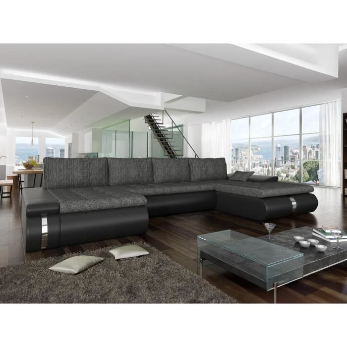 Canapé d'angle panoramique convertible et réversible en tissu et simili noir et anthracite AZELMA II