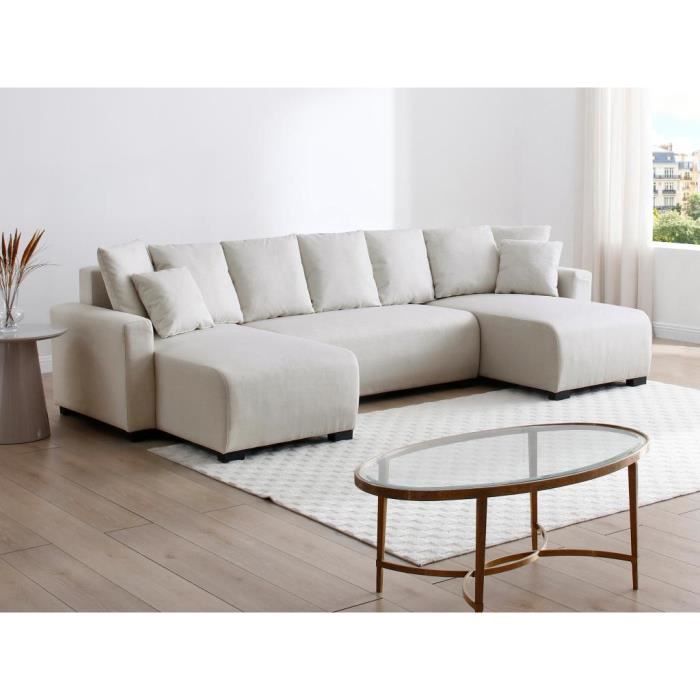 Canapé d'angle panoramique convertible en tissu beige LADAZIA II