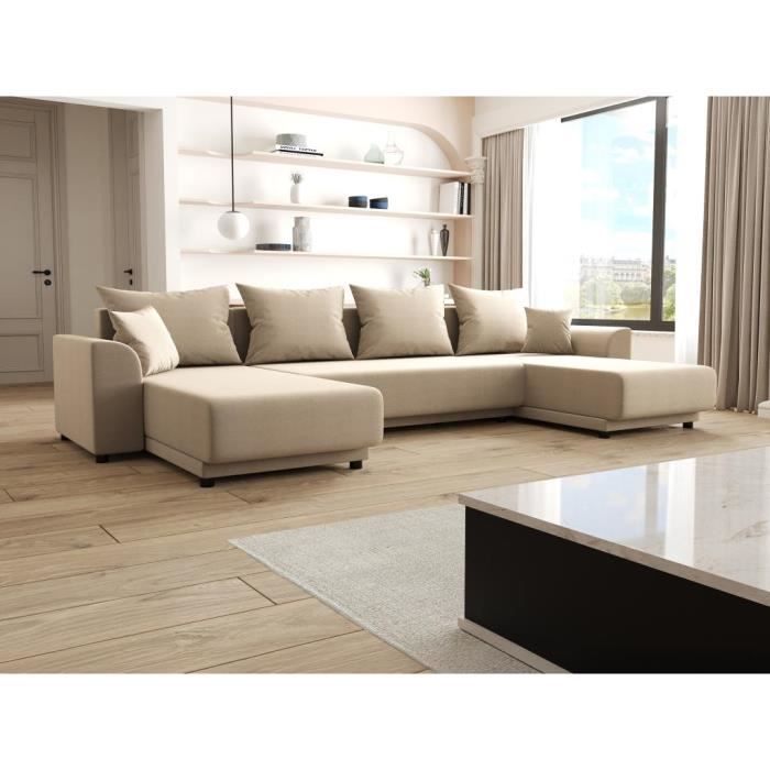 Canapé d'angle panoramique convertible en tissu beige NESSARO
