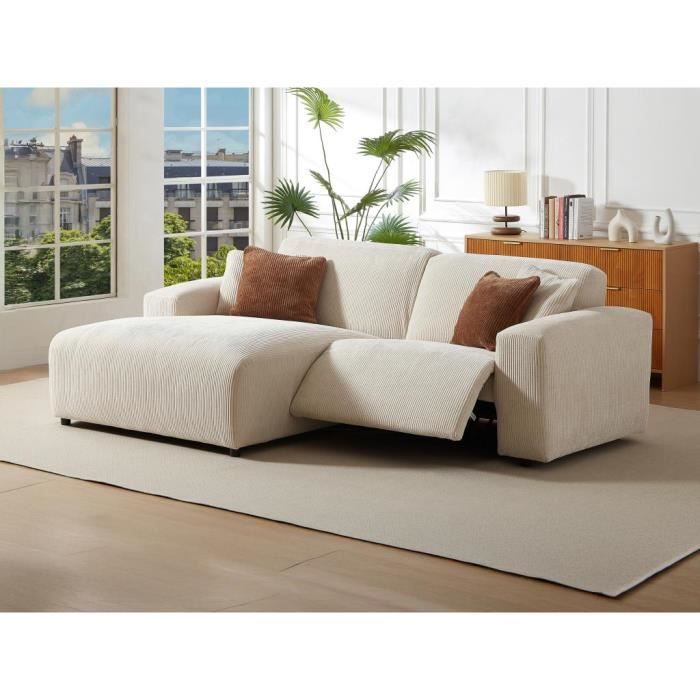 Canapé d'angle gauche relax électrique en velours côtelé beige TIRONO de Maison Céphy