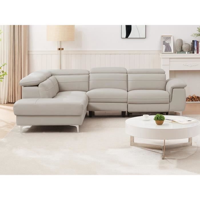 Canapé d'angle gauche relax électrique en cuir gris clair FUSINO