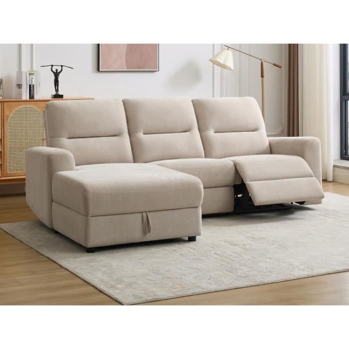 Canapé d'angle gauche relax électrique avec rangements en tissu beige BURIOCA