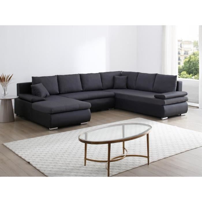 Canapé d'angle gauche panoramique convertible en simili et tissu gris anthracite DACOTA
