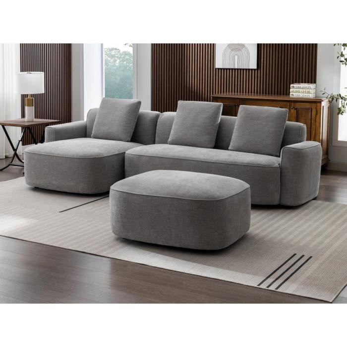 Canapé d'angle gauche en tissu texturé gris - VENTE-UNIQUE - POMIANGO - 6 places - Style contemporain