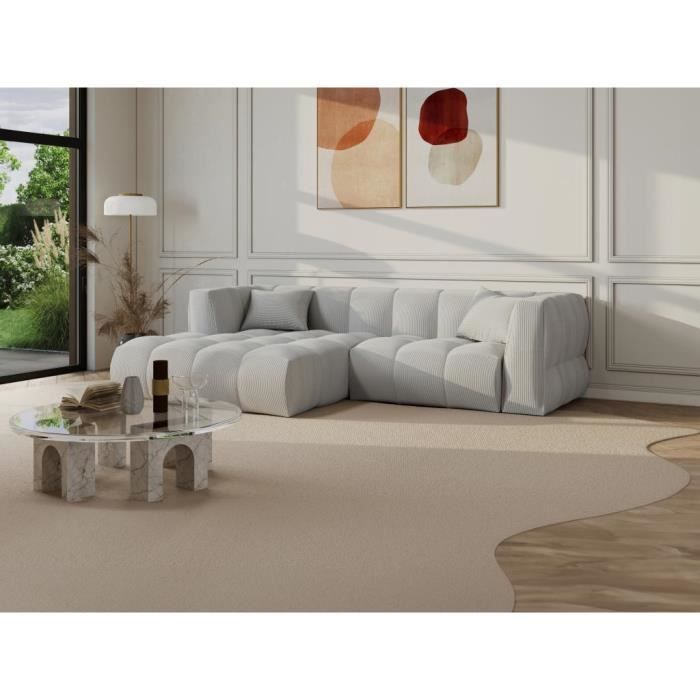 Canapé d'angle en velours côtelé gris clair - VENTE-UNIQUE - NAEMIA - 5 places - Design matelassé original