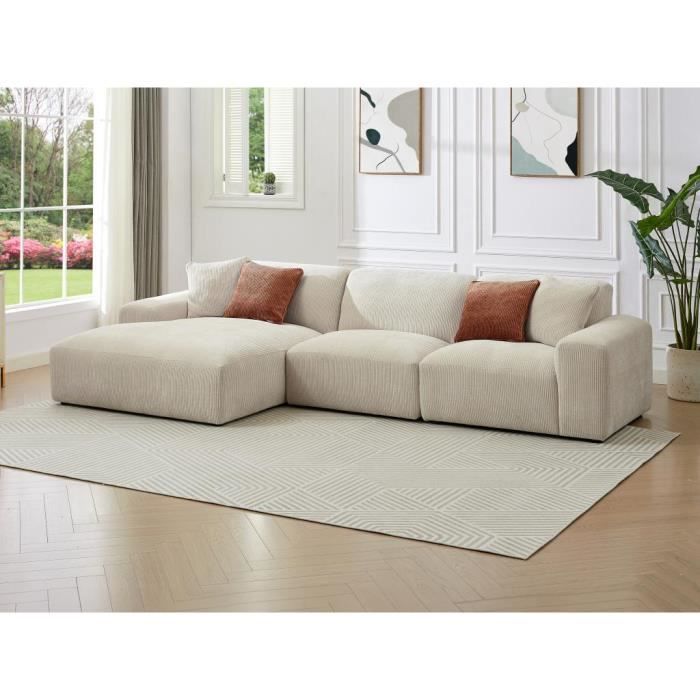 Canapé d'angle gauche en velours côtelé beige TIRONO - VENTE-UNIQUE - 6 places - Déhoussable