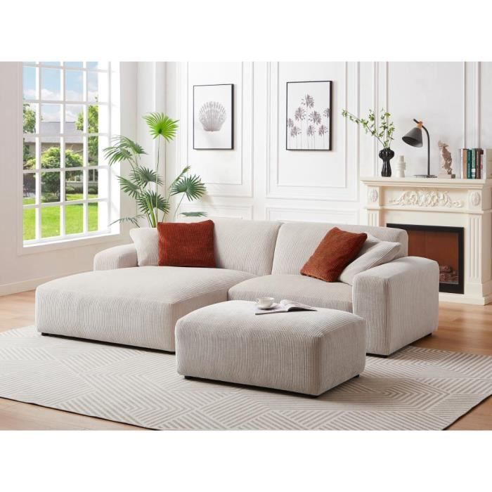 Canapé d'angle en velours côtelé beige - VENTE-UNIQUE - TIRONO - 4 places - Contemporain