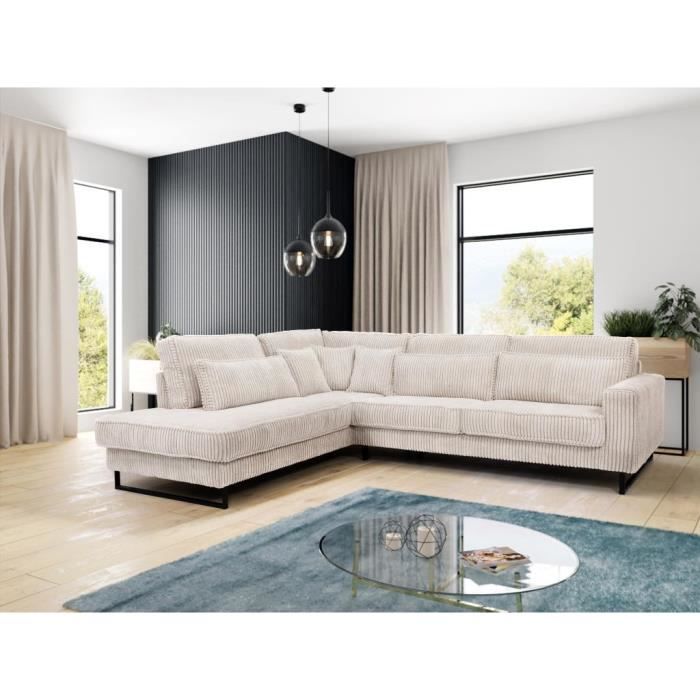 Canapé d'angle gauche en velours côtelé beige TESSIO - VENTE-UNIQUE - Fixe - 5 places - Contemporain - Design