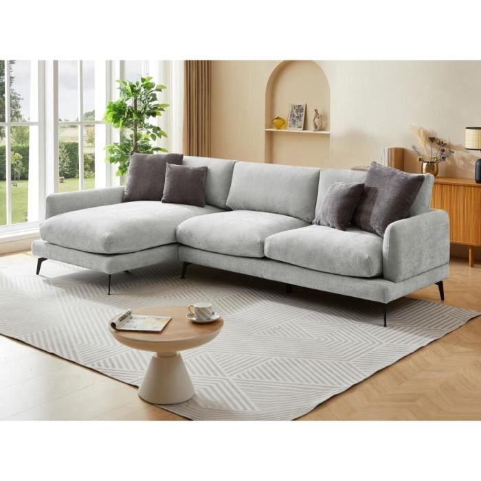 Canapé d'angle gauche en tissu texturé gris clair - VENTE-UNIQUE - ROCALTA - 5 places - Déhoussable