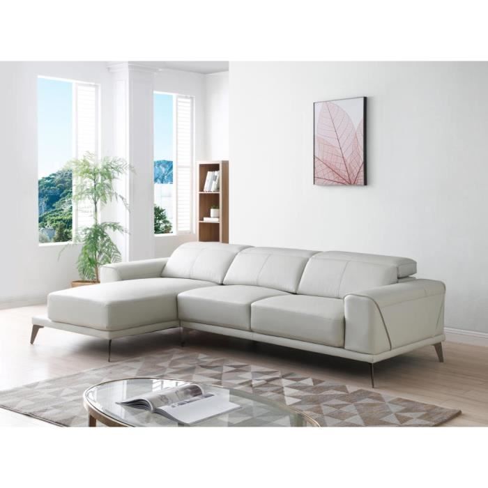 Canapé d'angle en cuir de buffle beige ANDOR - VENTE-UNIQUE - 5 places - 3 têtières relax