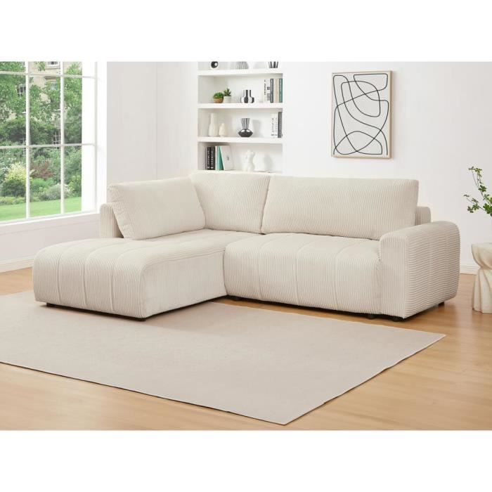 Canapé d'angle gauche convertible en velours côtelé beige RICIA