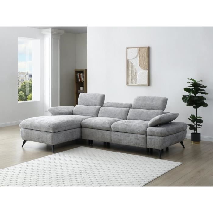 Canapé d'angle gauche convertible en tissu texturé avec coffre de rangement gris MORAVA