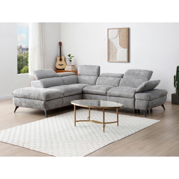 Canapé d'angle gauche convertible en tissu texturé gris SURDELI