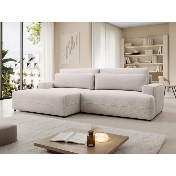 Canapé d'angle convertible en tissu beige BREGLIO - VENTE-UNIQUE - 5 places - Déhoussable - Coffre de rangement