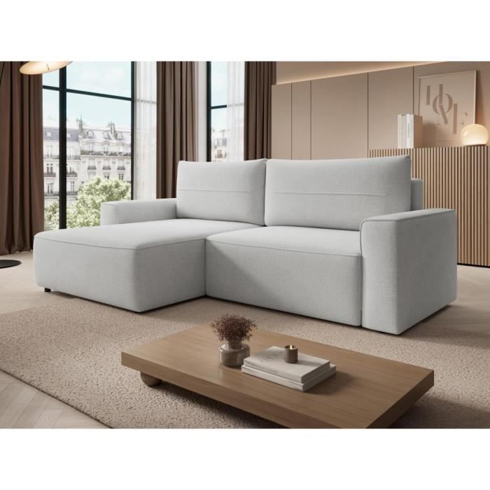 Canapé d'angle gauche convertible en tissu gris VESATO - VENTE-UNIQUE - 4 places - Coffre de rangement