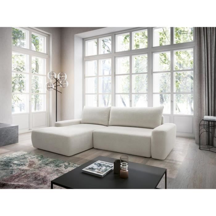 Canapé d'angle gauche convertible en tissu texturé crème DAVISO