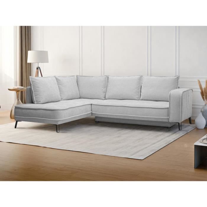 Canapé d'angle gauche convertible en tissu gris clair BALCORIA de Maison Céphy