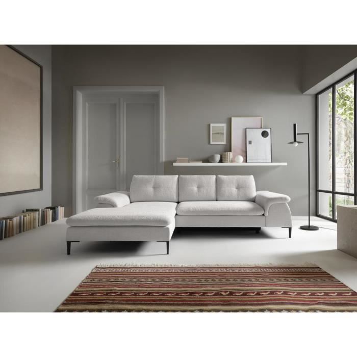 Canapé d'angle gauche convertible en tissu bouclette blanc JOLESA