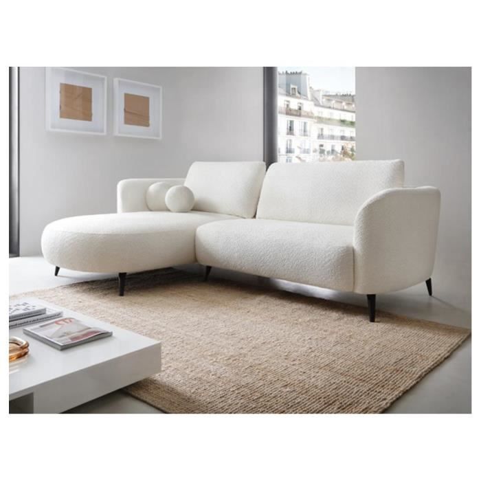 Canapé d'angle gauche convertible en tissu bouclette blanc ivoire AREMIA