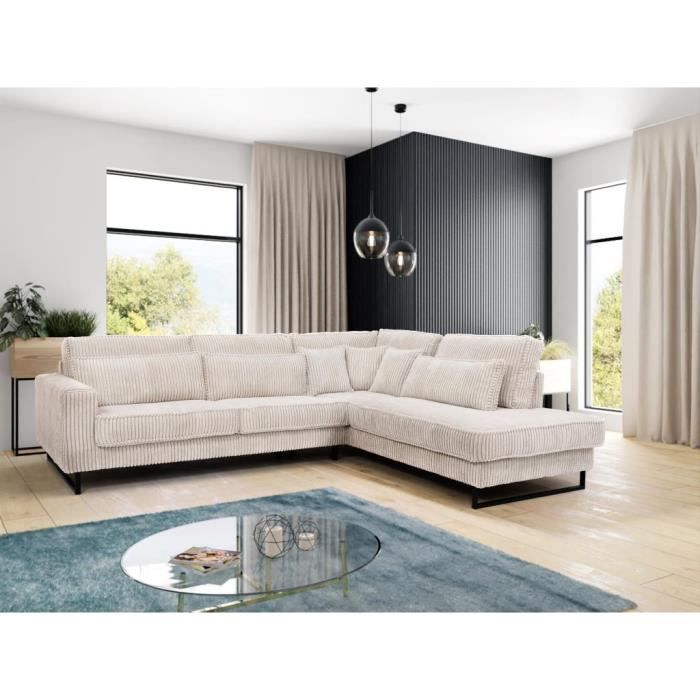 Canapé d'angle en velours côtelé beige TESSIO - VENTE-UNIQUE - 5 places - Piètement en métal