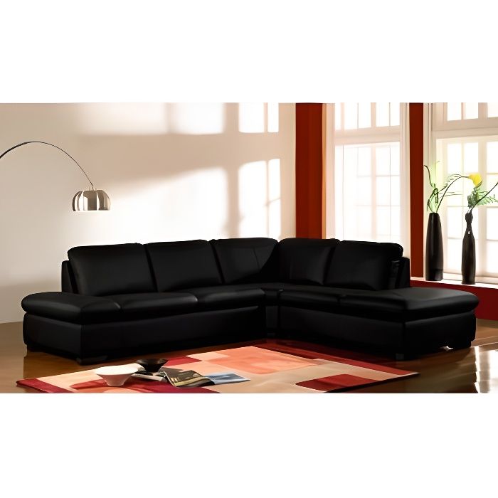 Canapé d'angle en cuir - ONYX II - Noir - Angle droit - Confort moelleux