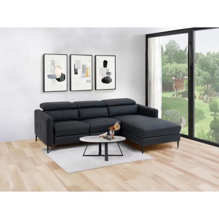 Canapé d'angle droit relax électrique en cuir noir FUSETA