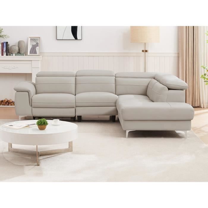 Canapé d'angle droit relax électrique en cuir gris clair FUSINO