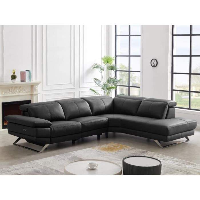Canapé d'angle droit relax électrique en cuir de vachette noir PUNO II