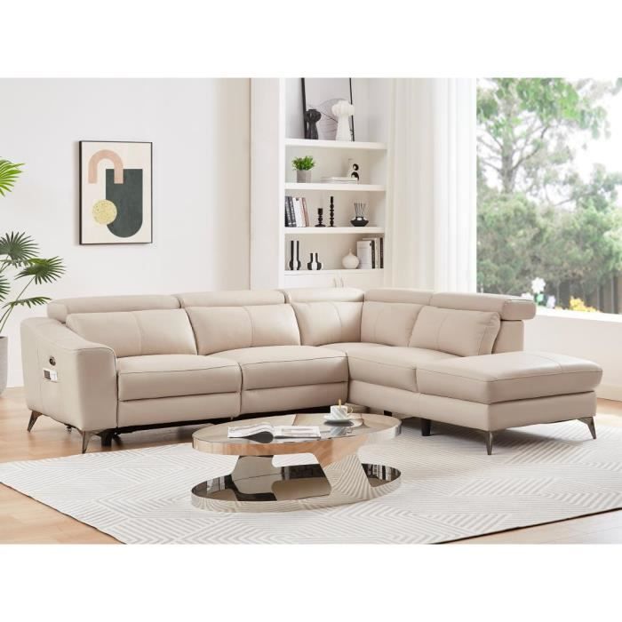Canapé d'angle droit relax électrique en cuir crème FORLO