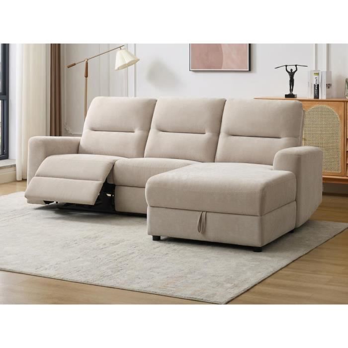 Canapé d'angle droit relax électrique avec rangements en tissu beige BURIOCA