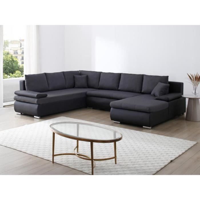 Canapé d'angle droit panoramique convertible en simili et tissu gris anthracite DACOTA