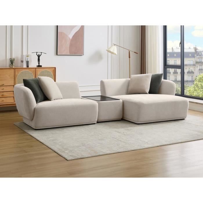 Canapé d'angle droit modulable avec tablette en tissu beige RANASO