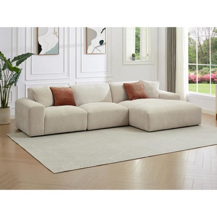 Canapé d'angle droit en velours côtelé beige TIRONO - Maison Céphy - 6 places - Déhoussable