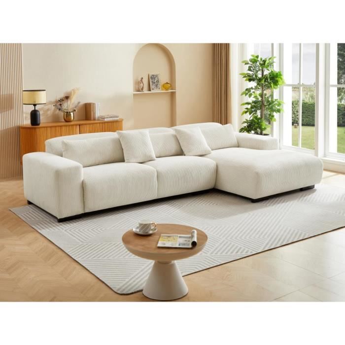 Canapé d'angle droit en velours côtelé beige OVENTINO